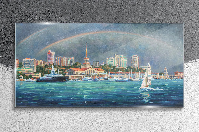 Glasbild Meerespanorama mit Regenbogen