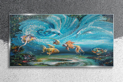 Bild auf glas drucken Unterwassertanz von Delfinen und Fischen
