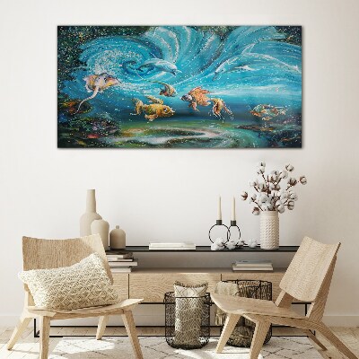 Bild auf glas drucken Unterwassertanz von Delfinen und Fischen
