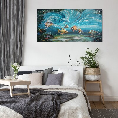Bild auf glas drucken Unterwassertanz von Delfinen und Fischen