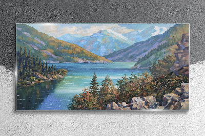 Glasbild Berglandschaft am See