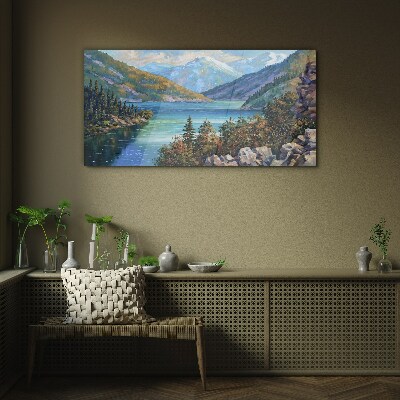 Glasbild Berglandschaft am See