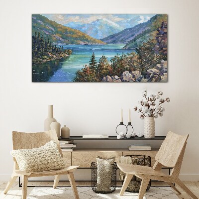 Glasbild Berglandschaft am See