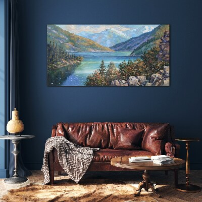 Glasbild Berglandschaft am See