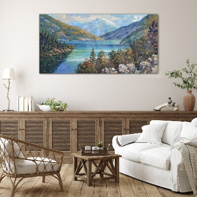 Glasbild Berglandschaft am See