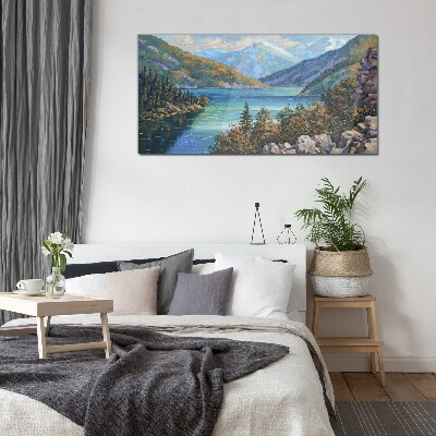 Glasbild Berglandschaft am See