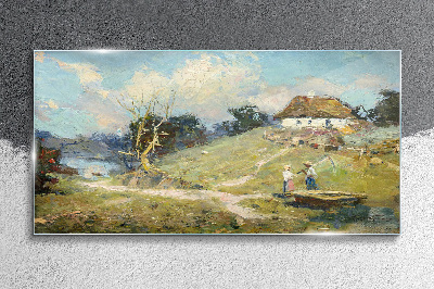 Glasbild Ländliche Szenerie mit Fischern
