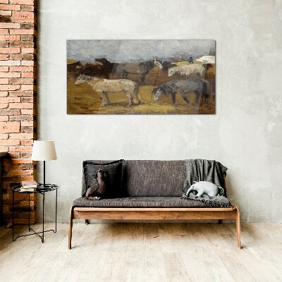 Glasbild Idyllische Landschaft mit Pferden
