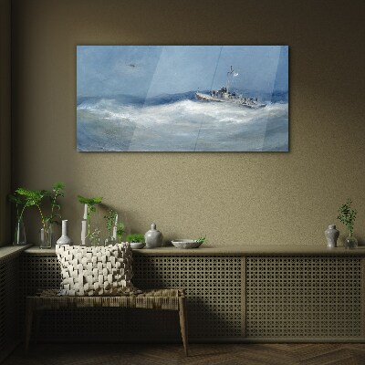 Glasbild Stürmische See mit einem Boot