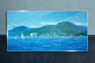 Glasbild Küstenlandschaft mit Vergnügungspark
