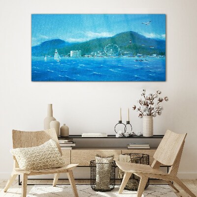 Glasbild Küstenlandschaft mit Vergnügungspark