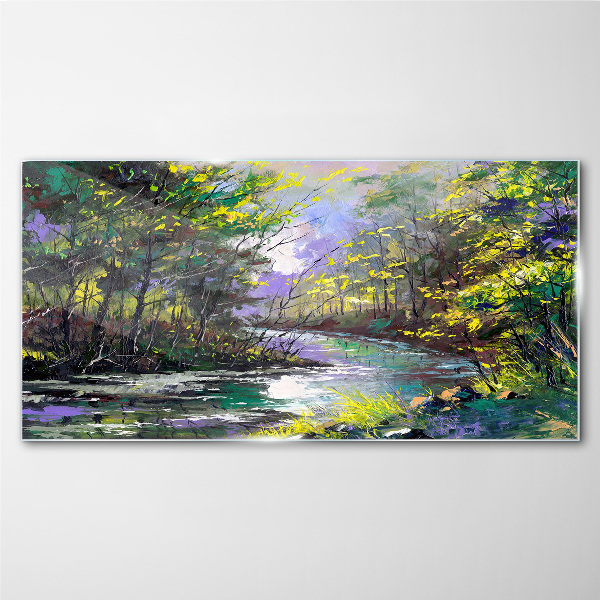 Glasbild Malerei von Waldflussbäumen