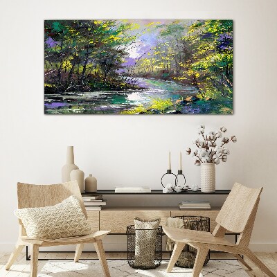 Glasbild Malerei von Waldflussbäumen