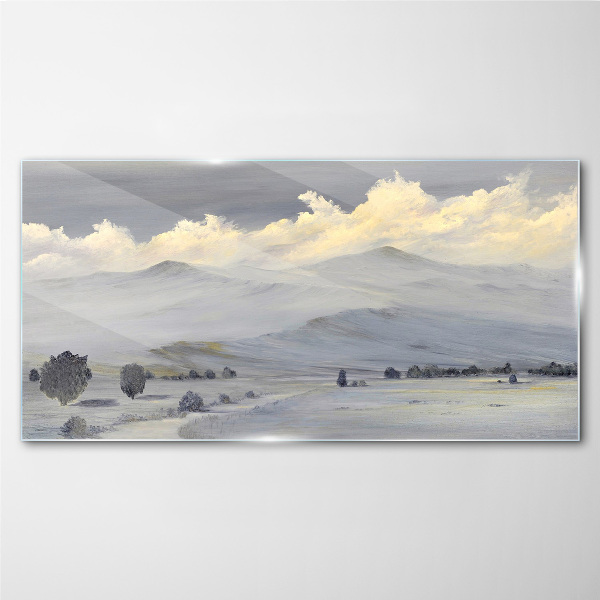 Glasbild Nebliges Bergpanorama