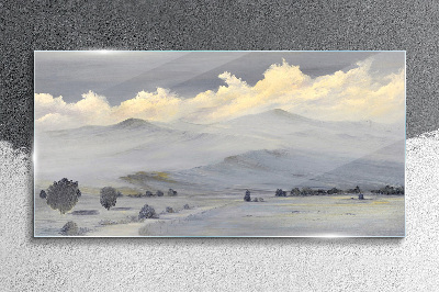 Glasbild Nebliges Bergpanorama