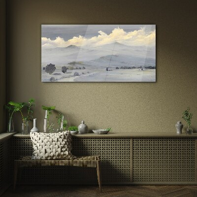 Glasbild Nebliges Bergpanorama