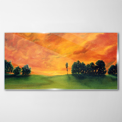 Glasbild Sonnenuntergang über dem grünen Hügel