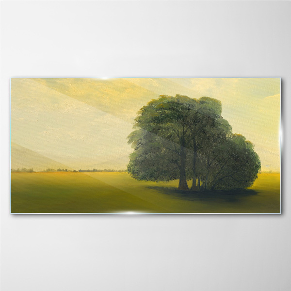 Glasbild Eine friedliche Landschaft mit einem Baum