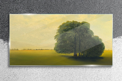 Glasbild Eine friedliche Landschaft mit einem Baum