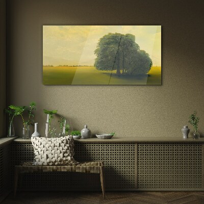 Glasbild Eine friedliche Landschaft mit einem Baum