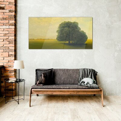 Glasbild Eine friedliche Landschaft mit einem Baum