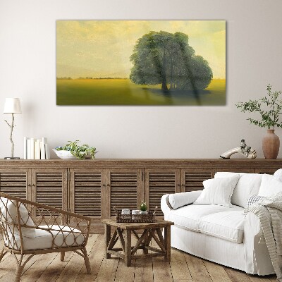 Glasbild Eine friedliche Landschaft mit einem Baum