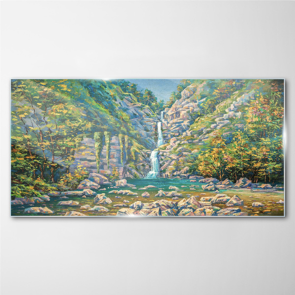 Glasbild Wasserfall in Berglandschaft