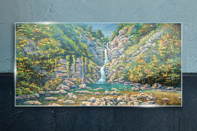 Glasbild Wasserfall in Berglandschaft