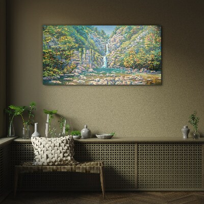 Glasbild Wasserfall in Berglandschaft