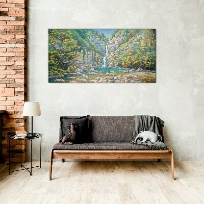 Glasbild Wasserfall in Berglandschaft