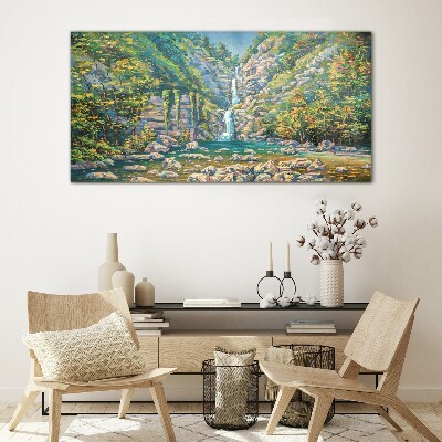 Glasbild Wasserfall in Berglandschaft