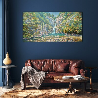 Glasbild Wasserfall in Berglandschaft