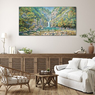 Glasbild Wasserfall in Berglandschaft