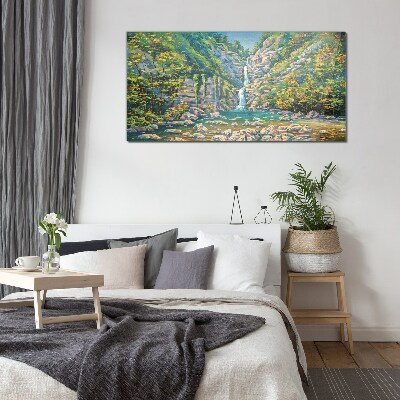Glasbild Wasserfall in Berglandschaft