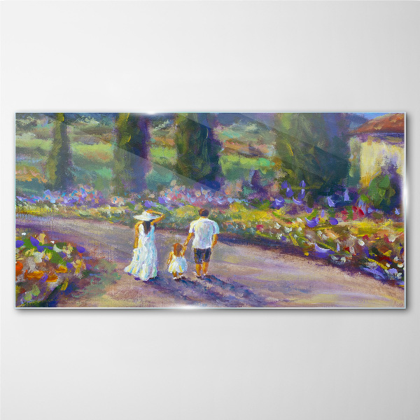 Glasbild Familienspaziergang in einem farbenfrohen Garten