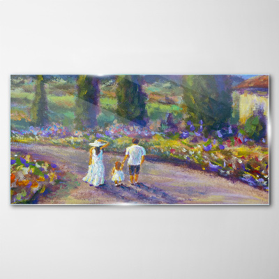 Glasbild Familienspaziergang in einem farbenfrohen Garten