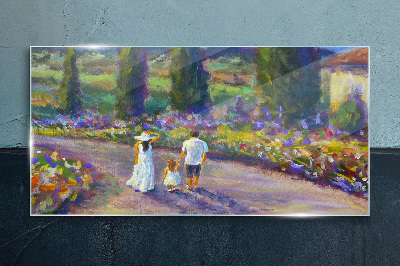 Glasbild Familienspaziergang in einem farbenfrohen Garten