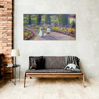 Glasbild Familienspaziergang in einem farbenfrohen Garten
