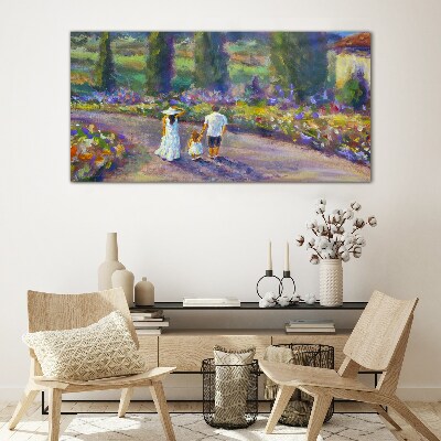 Glasbild Familienspaziergang in einem farbenfrohen Garten