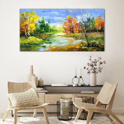 Glasbild Malerei Wald Fluss Natur