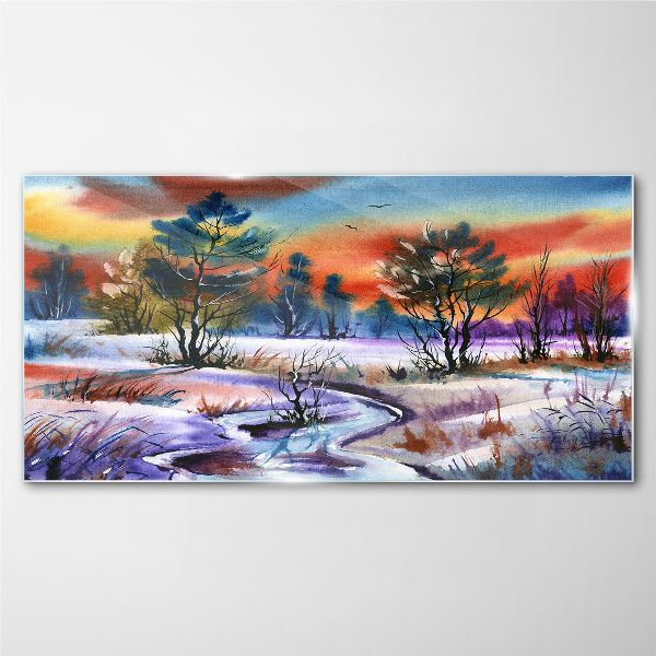 Foto glasbild Winterlandschaft in Regenbogenfarben