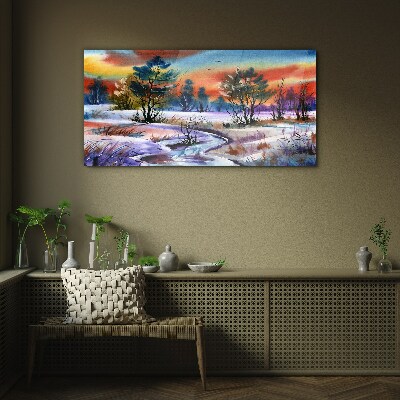 Foto glasbild Winterlandschaft in Regenbogenfarben