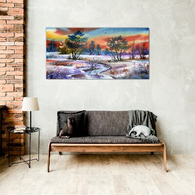 Foto glasbild Winterlandschaft in Regenbogenfarben