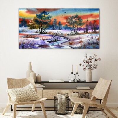 Foto glasbild Winterlandschaft in Regenbogenfarben