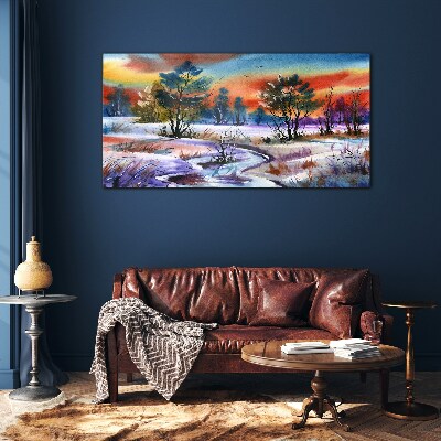 Foto glasbild Winterlandschaft in Regenbogenfarben