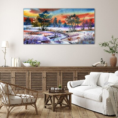 Foto glasbild Winterlandschaft in Regenbogenfarben
