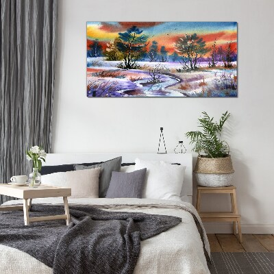 Foto glasbild Winterlandschaft in Regenbogenfarben