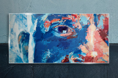 Glasbild Intensives Gesicht in Blautönen