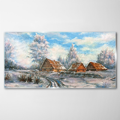 Glasbild Winterlandschaft mit Hütten