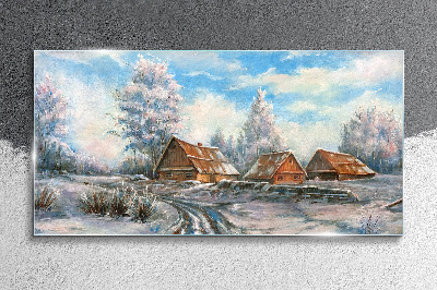 Glasbild Winterlandschaft mit Hütten